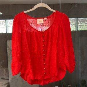 Anthropologie Maeve Red Blouse Gold Buttons